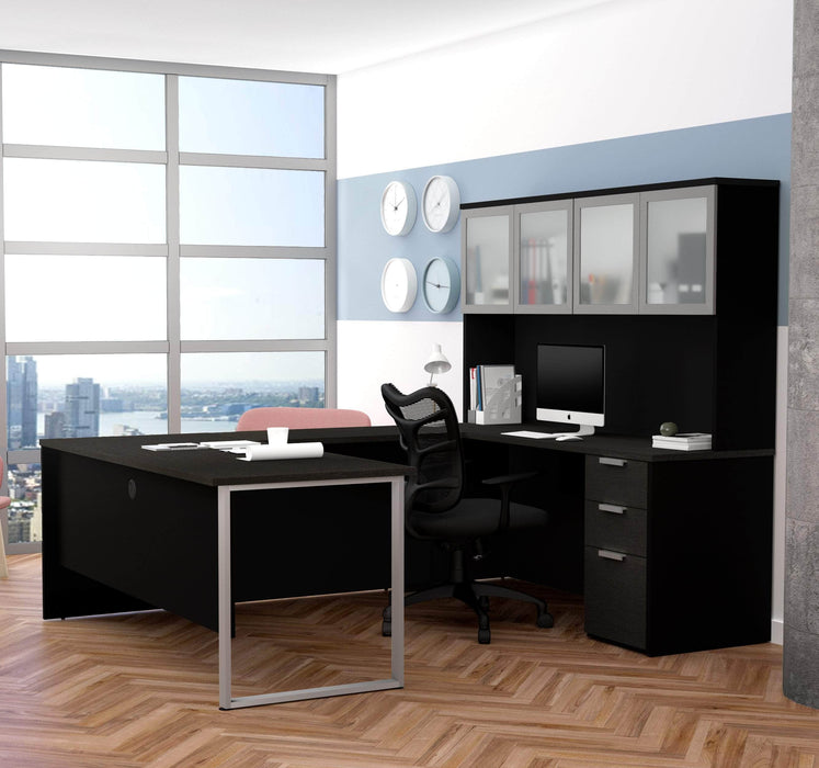 Modubox Desk Pro-Concept Plus U-Shaped Desk with Pedestal and Frosted Glass Door Hutch - Available in 2 Colours