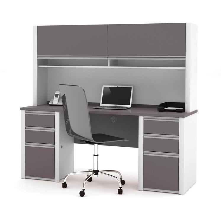 Modubox Desk Slate & Sandstone Connexion Credenza Desk with 2 Pedestals and Hutch - Available in 2 Colours