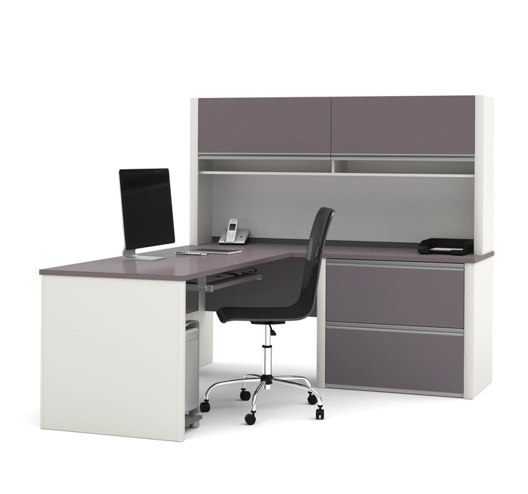 Modubox Desk Slate & Sandstone Connexion L-Shaped Desk with Lateral File Cabinet and Hutch - Available in 3 Colours