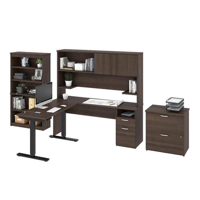 Modubox Desk Upstand 24” x 48” Standing Desk, 1 Credenza with Hutch, 1 Bookcase, and 1 Lateral File Cabinet - Available in 3 Colours