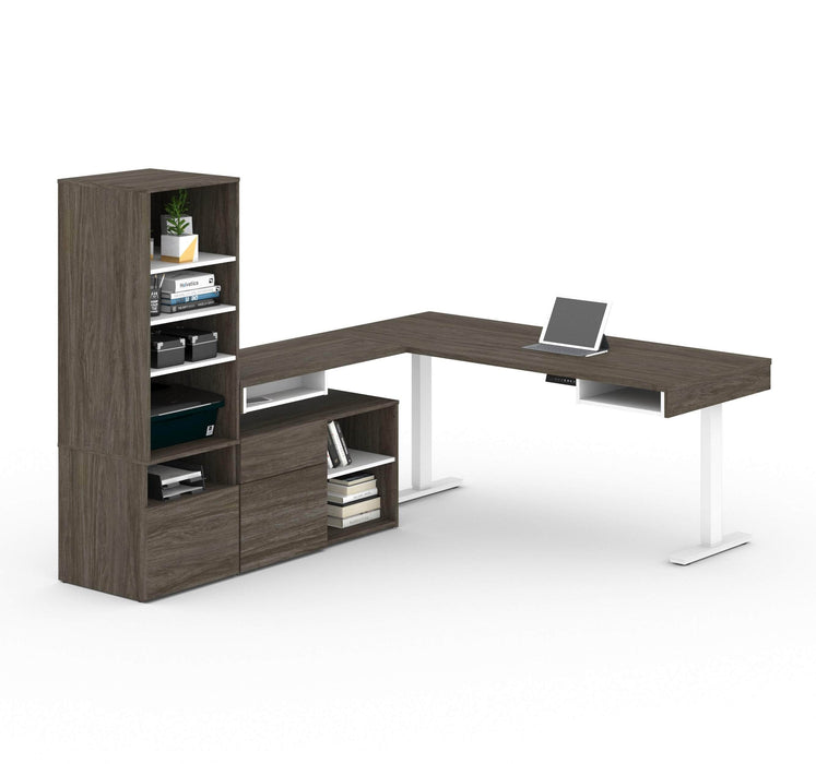 Modubox Desk Walnut Grey & White Viva 3-Piece Set Including an L-Shaped Standing Desk, a Credenza, and a Hutch - Available in 2 Colours