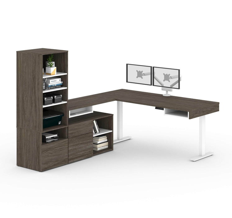 Modubox Desk Walnut Grey & White Viva 4-Piece Set Including an L-Shaped Standing Desk, a Storage Unit, a Credenza, and a Dual Monitor Arm - Available in 2 Colours