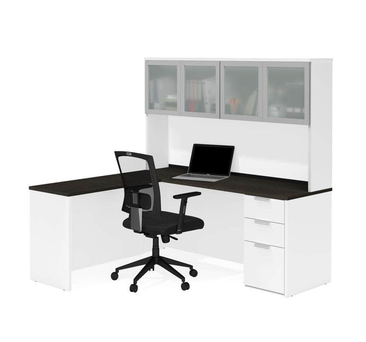 Modubox Desk White & Deep Grey Pro-Concept Plus L-Shaped Desk with Pedestal and Frosted Glass Door Hutch - Available in 2 Colours
