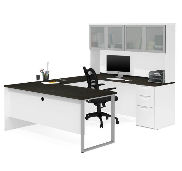 Modubox Desk White & Deep Grey Pro-Concept Plus U-Shaped Desk with Pedestal and Frosted Glass Door Hutch - Available in 2 Colours