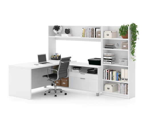 Modubox Desk White Pro-Linea 2-Piece Set Including an L-Shaped Desk with Hutch and a Bookcase - Available in 2 Colours