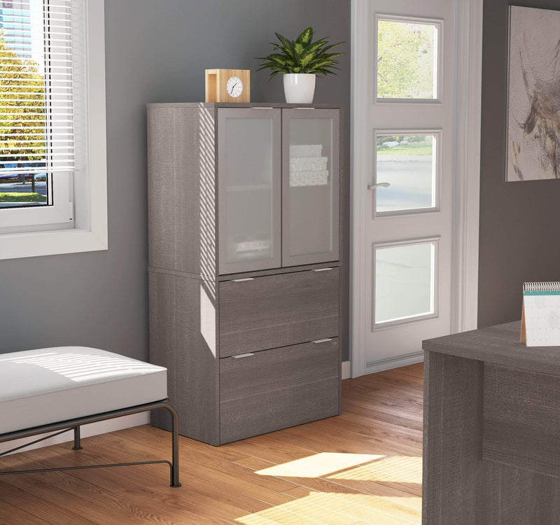 Modubox File Cabinet Bark Grey i3 Plus Lateral File Cabinet with Frosted Glass Doors Hutch - Available in 3 Colours