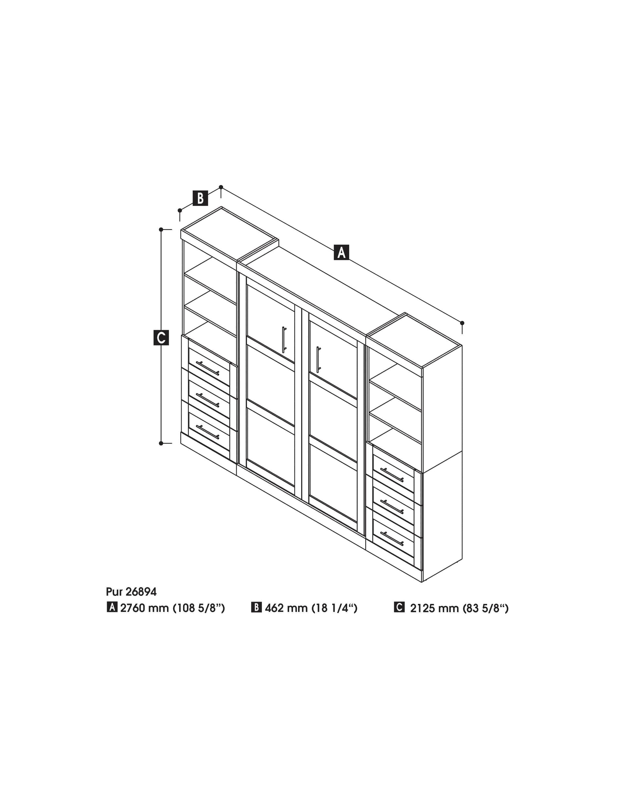 Modubox Pur Full Murphy Wall Bed and 2 Storage Units with Drawers (109W