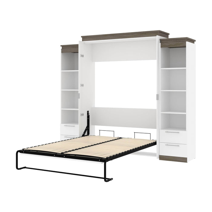 Modubox Murphy Wall Bed White & Walnut Grey Orion 104"W Queen Murphy Wall Bed with 2 Narrow Shelving Units and Drawers - Available in 2 Colours