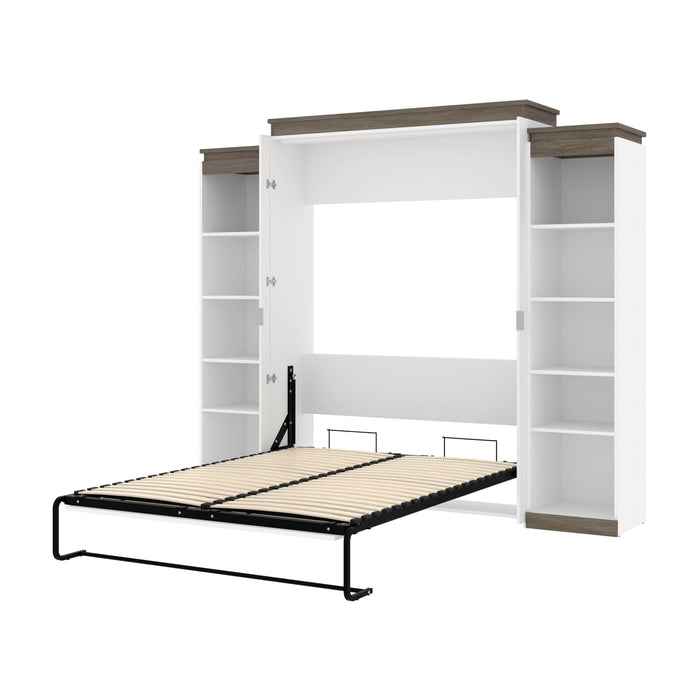 Modubox Murphy Wall Bed White & Walnut Grey Orion 104"W Queen Murphy Wall Bed with 2 Narrow Shelving Units - Available in 2 Colours