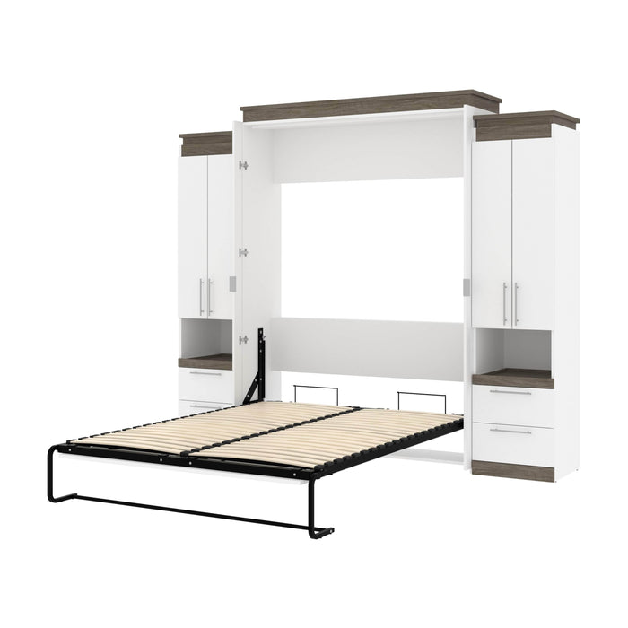 Modubox Murphy Wall Bed White & Walnut Grey Orion 104"W Queen Murphy Wall Bed with 2 Storage Cabinets and Pull-Out Shelves - Available in 2 Colours