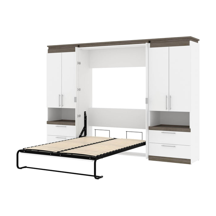 Modubox Murphy Wall Bed White & Walnut Grey Orion 118"W Full Murphy Wall Bed with 2 Storage Cabinets and Pull-Out Shelves - Available in 2 Colours