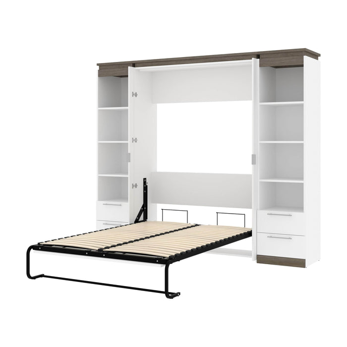 Modubox Murphy Wall Bed White & Walnut Grey Orion 98"W Full Murphy Wall Bed with 2 Narrow Shelving Units and Drawers - Available in 2 Colours
