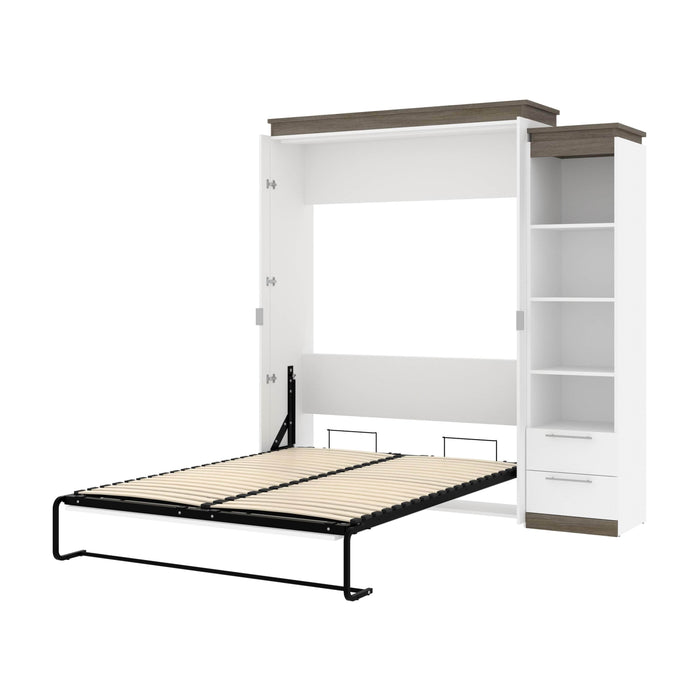 Modubox Murphy Wall Bed White & Walnut Grey Orion Queen Murphy Wall Bed with Narrow Shelving Unit and Drawers - Available in 2 Colours