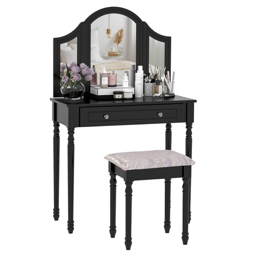 Pending - Aosom Dressing Set Black Wood Dressing Vanity Makeup Table with Stool Tri-Mirror 2 Drawers - Available in 2 Colours