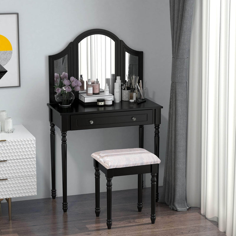Pending - Aosom Dressing Set Wood Dressing Vanity Makeup Table with Stool Tri-Mirror 2 Drawers - Available in 2 Colours
