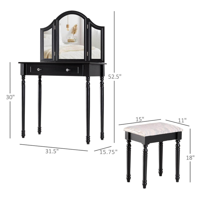 Pending - Aosom Dressing Set Wood Dressing Vanity Makeup Table with Stool Tri-Mirror 2 Drawers - Available in 2 Colours