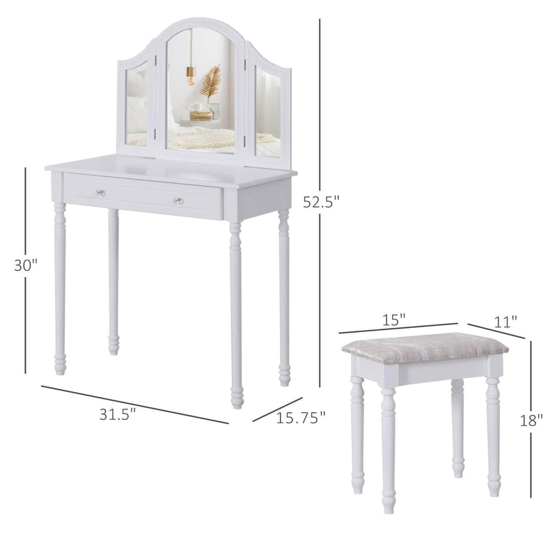 Pending - Aosom Dressing Set Wood Dressing Vanity Makeup Table with Stool Tri-Mirror 2 Drawers - Available in 2 Colours