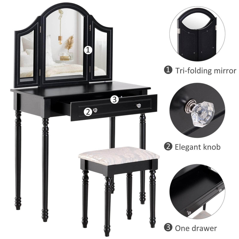 Pending - Aosom Dressing Set Wood Dressing Vanity Makeup Table with Stool Tri-Mirror 2 Drawers - Available in 2 Colours