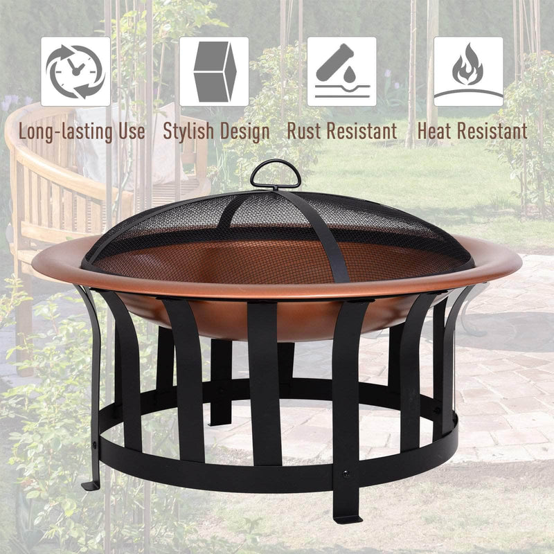 Pending - Aosom Fire Pit 30" Steel Round Outdoor Patio Fire Pit Wood Log Burning Heater with Poker Grate - Copper Basin Black Frame