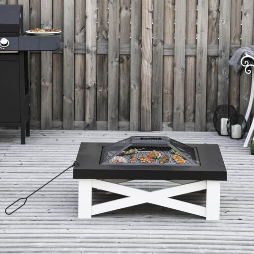 Pending - Aosom Fire Pit 34" Outdoor 3 in 1 Steel Square Firepit Square Stove with Spark Screen Cover, Log Grate, Poker, Grill Net for Patio - White & Black