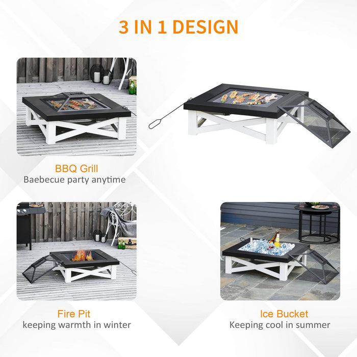 Pending - Aosom Fire Pit 34" Outdoor 3 in 1 Steel Square Firepit Square Stove with Spark Screen Cover, Log Grate, Poker, Grill Net for Patio - White & Black