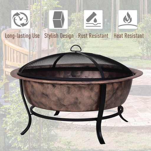 Pending - Aosom Fire Pit 35" Steel Round Outdoor Patio Fire Pit Wood Log Burning Heater Poker Mesh Cover - Copper Basin & Black Frame