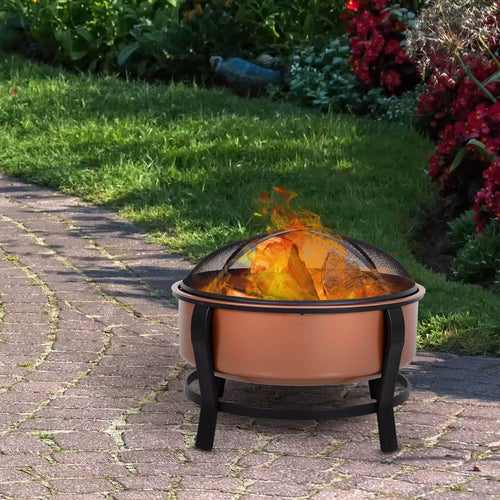 Pending - Aosom Fire Pit Copper-Coloured Round Basin Fire Pit Bowl with Organic Black Base, a Wood Poker, & Mesh Screen for Ember - Copper, Black