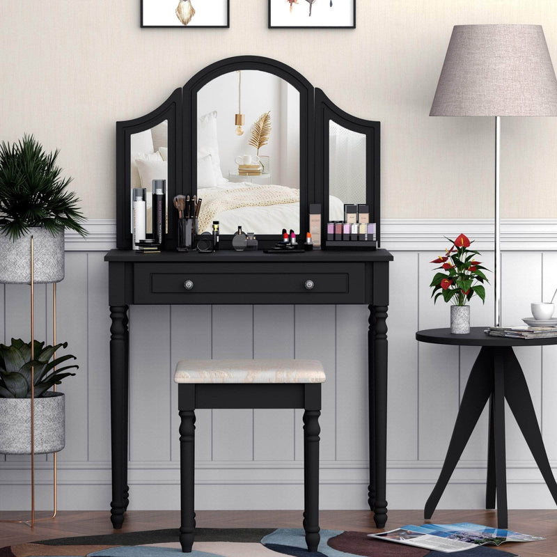 Pending - Aosom Wood Dressing Vanity Makeup Table with Stool Tri-Mirror 2 Drawers - Available in 2 Colours