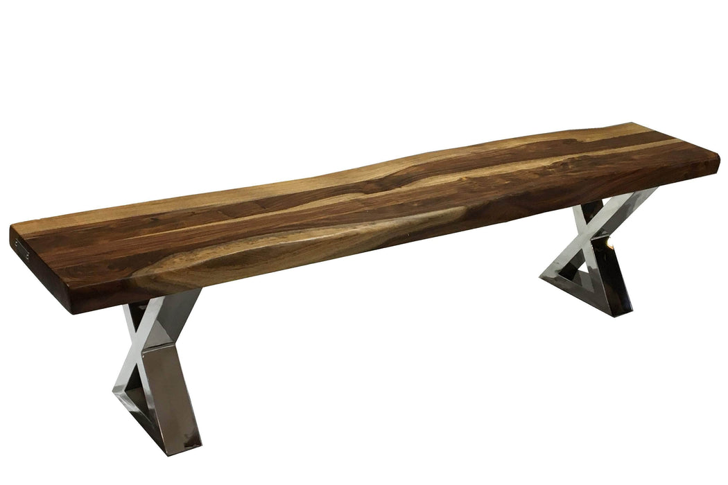 Pending - Corcoran Bench Stainless X Legs Incomplete Pics - Live Edge Sheesham Bench L 84'' - Available with 6 Leg Styles