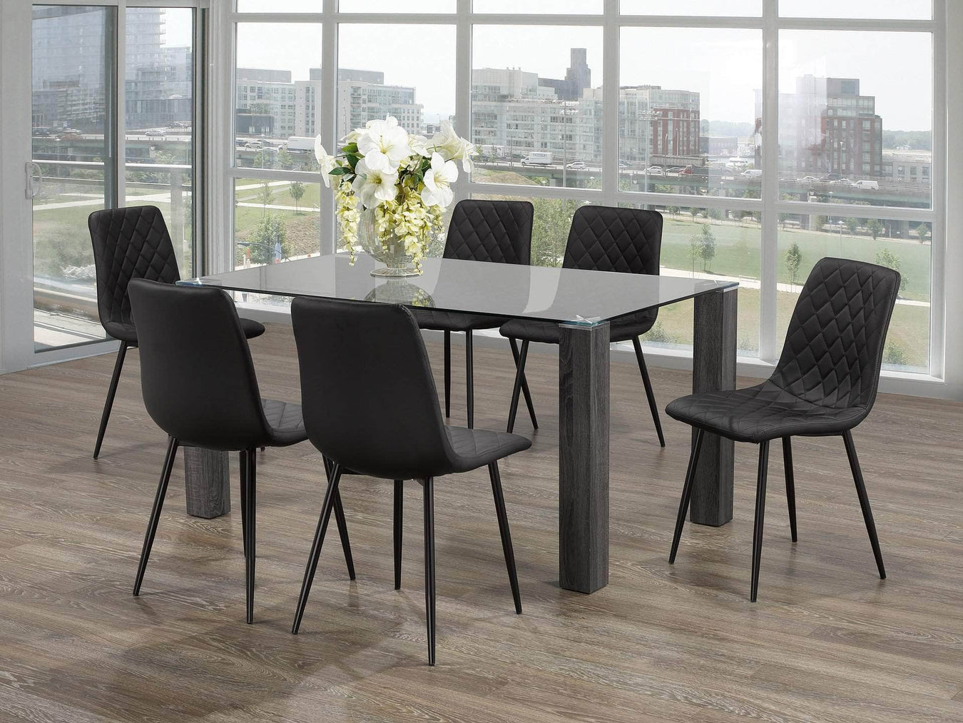 IFDC 59 Inch Port Alberni 7 Piece Glass Rectangular Dining Table Set, image 1