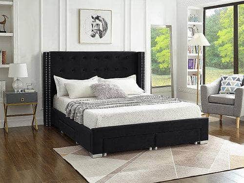 Pending - IFDC Black Velvet Fabric Wing Bed with Nailhead Details and Chrome Legs - Available in 4 Colours