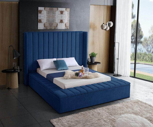 Pending - IFDC Queen / Blue Velvet Fabric Bed with Channel Tufting and 3 Storage Benches - Available in 2 Sizes and 3 Colours