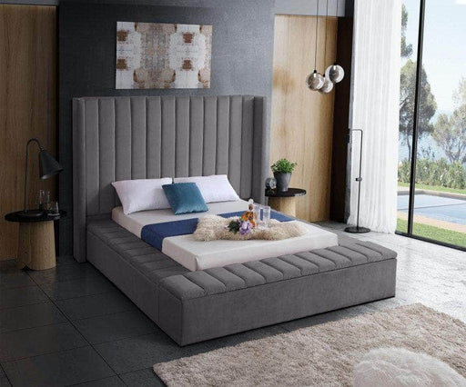 Pending - IFDC Queen / Grey Grey Velvet Fabric Bed with Channel Tufting and 3 Storage Benches - Available in 2 Sizes and 3 Colours