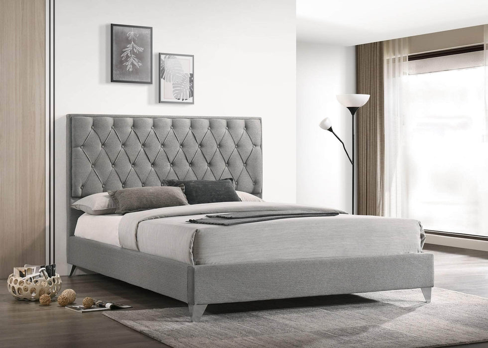 Pending - IFDC Queen / Light Grey Bed With Diamond Pattern Button Details and Chrome Legs - Available in 2 Sizes and 2 Colours