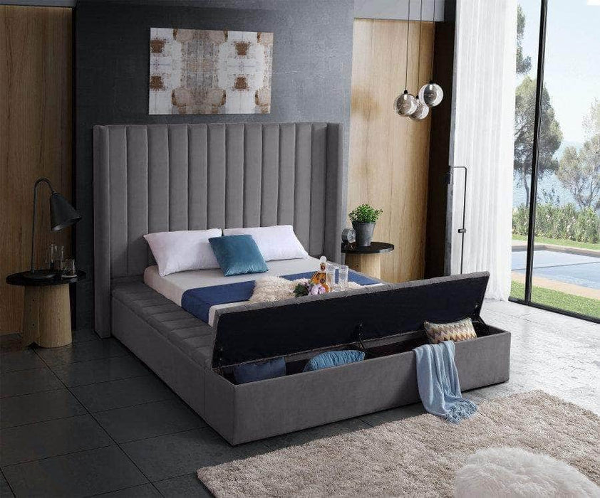 Pending - IFDC Velvet Fabric Bed with Channel Tufting and 3 Storage Benches - Available in 2 Sizes and 3 Colours
