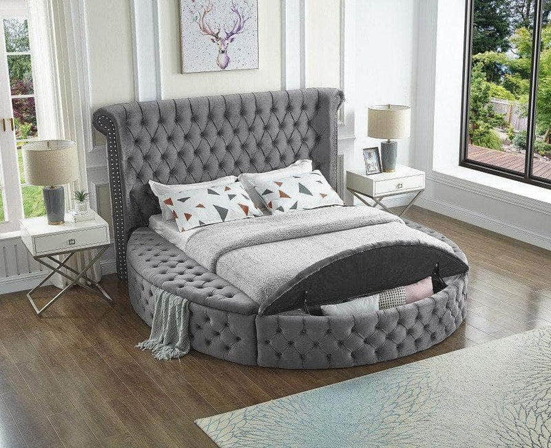 Pending - IFDC Velvet Fabric Bed with Deep Button Tufting and 3 Storage Benches - Available in 2 Sizes and 2 Colours