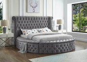 Pending - IFDC Velvet Fabric Bed with Deep Button Tufting and 3 Storage Benches - Available in 2 Sizes and 2 Colours