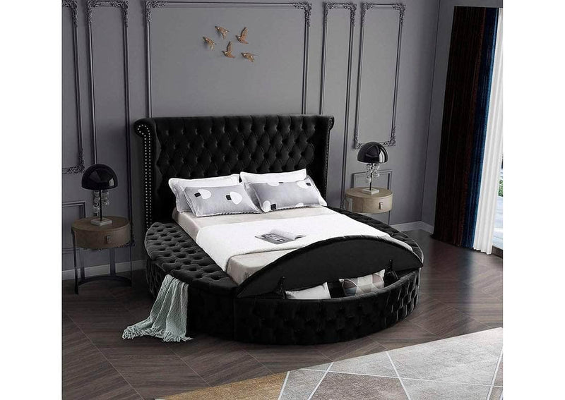 Pending - IFDC Velvet Fabric Bed with Deep Button Tufting and 3 Storage Benches - Available in 2 Sizes and 2 Colours