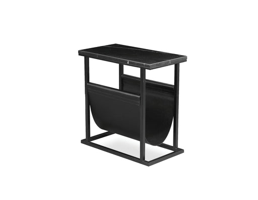 Mobital Onix Magazine Rack with Black Nero Marquina Marble Top with Black Leather Sling and Black Powder Coated Steel