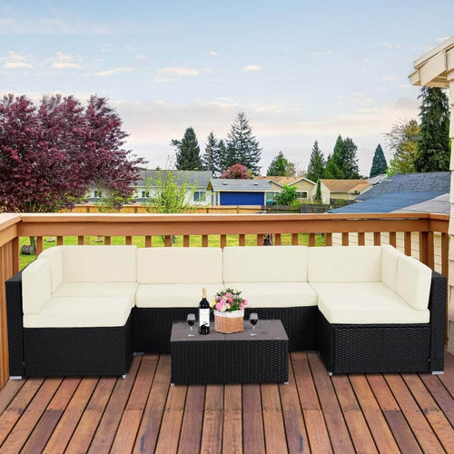 Pending - Outsunny 7 Piece Outdoor Wicker Sofa Set Patio Furniture All Weather Rattan Conversation Lounge Chair with Coffee Table Garden Couch Seat with Cushion Black Khaki