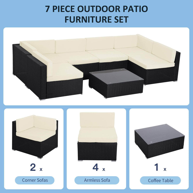 Pending - Outsunny 7 Piece Outdoor Wicker Sofa Set Patio Furniture All Weather Rattan Conversation Lounge Chair with Coffee Table Garden Couch Seat with Cushion Black Khaki