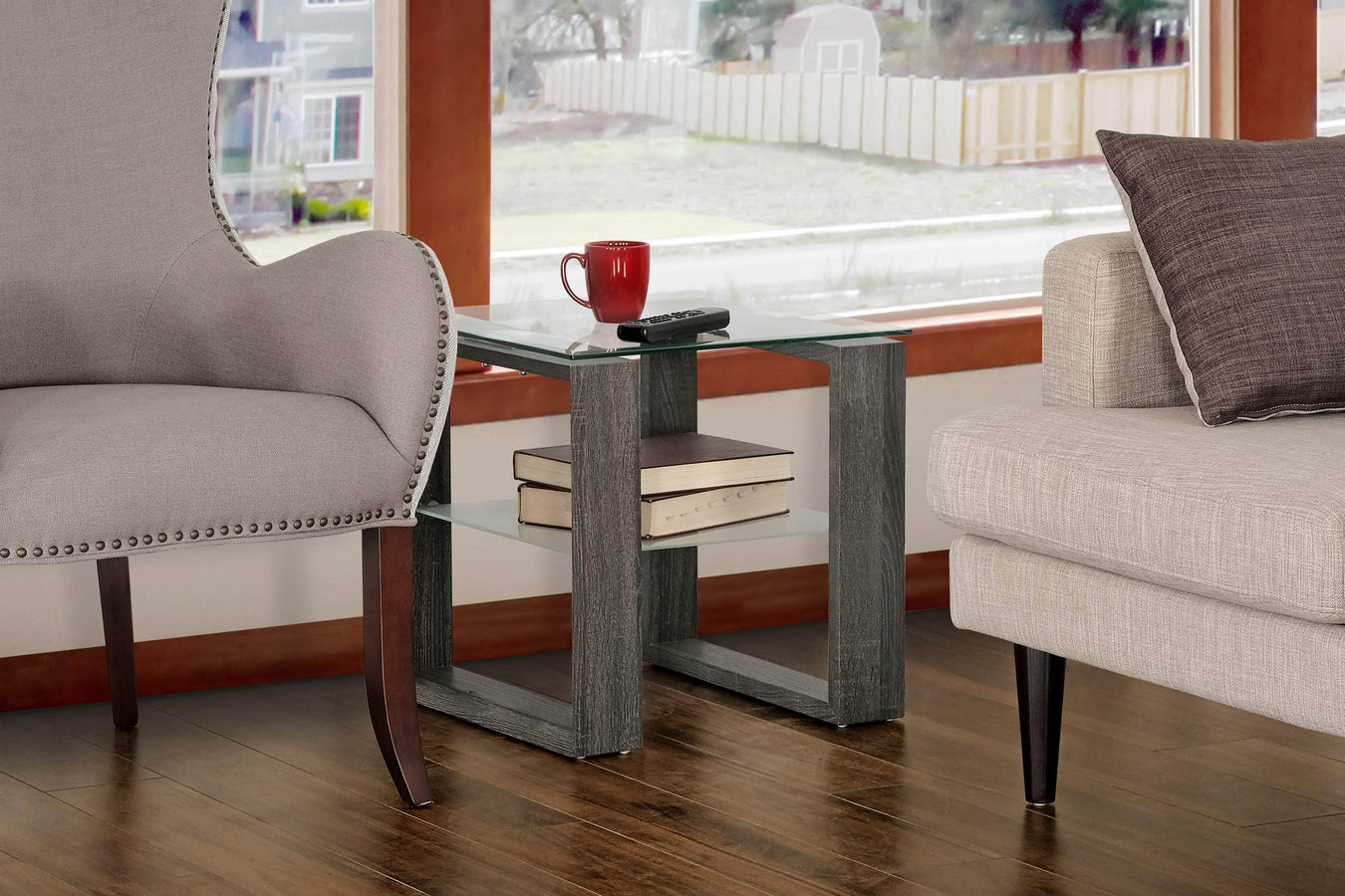 Primo International Caleb Square Glass Top End Table with Shelf in Black, image 1