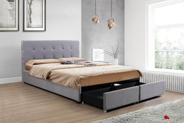 Victoria Grey Tufted Linen Platform Bed with Two Storage Drawers Side