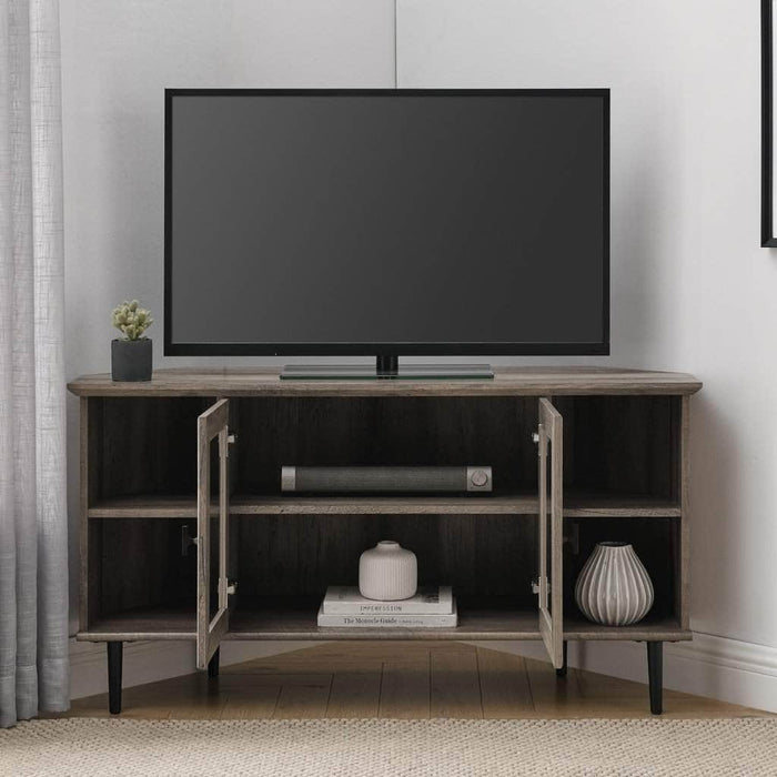Pending - Walker Edison 48" Simple Glass Door Corner TV Console - Available in 2 Colours