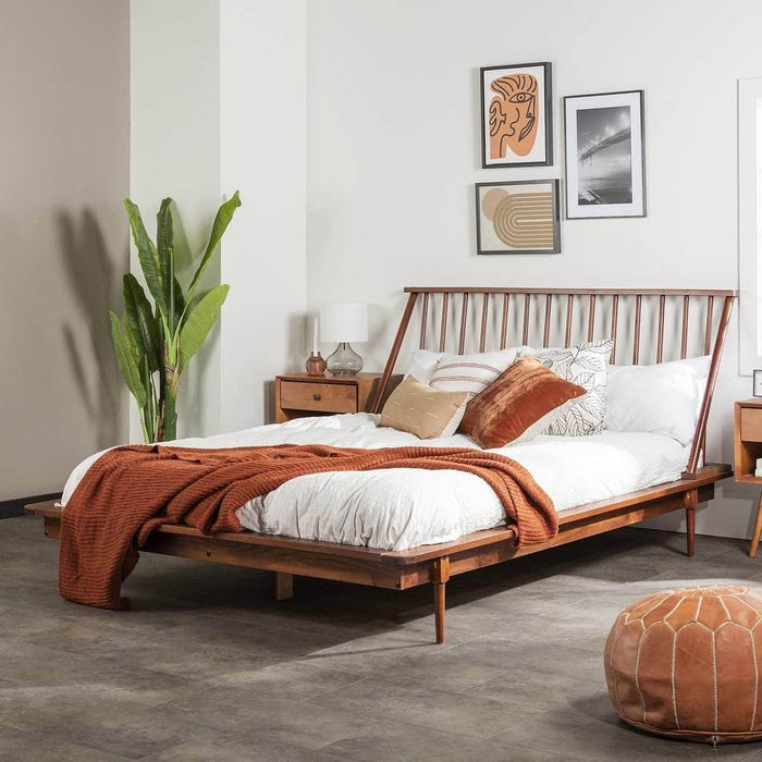 Pending - Walker Edison Bed Walnut Modern Wood Queen Spindle Bed - Available in 3 Colours