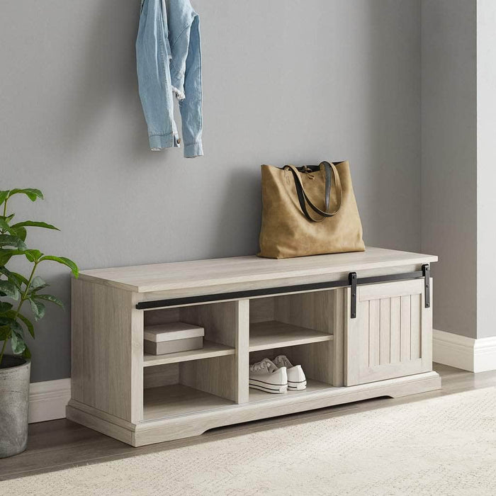 Pending - Walker Edison Bench 48" Sliding Grooved Door Entry Bench with Storage - Birch
