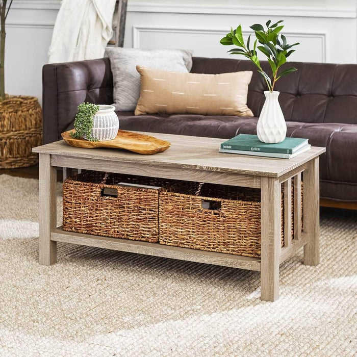 Pending - Walker Edison Coffee Table Driftwood Storage Coffee Table with Baskets - Available in 2 Colours