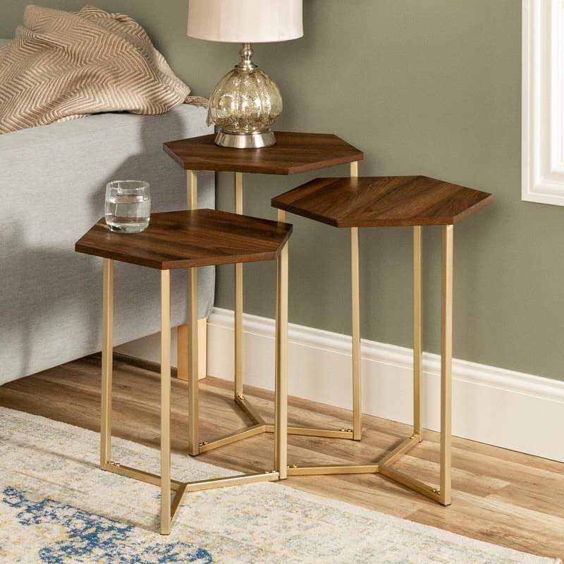 Walker Edison Dark Walnut/Gold Hex Nesting Tables - Available in 2 Colours