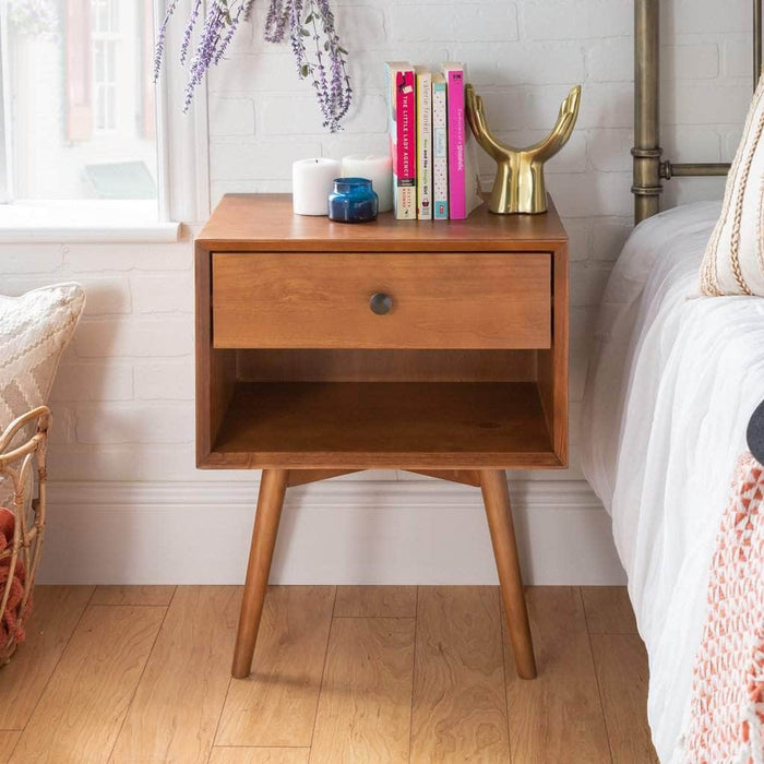 Pending - Walker Edison Nightstand Caramel Mid Century 1 Drawer Solid Wood Nightstand - Available in 2 Colours