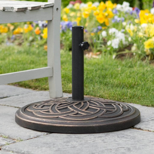 Pending - Walker Edison Round Table Antique Bronze Circle Weave Round Outdoor Patio Umbrella Base - Available in 2 Colours
